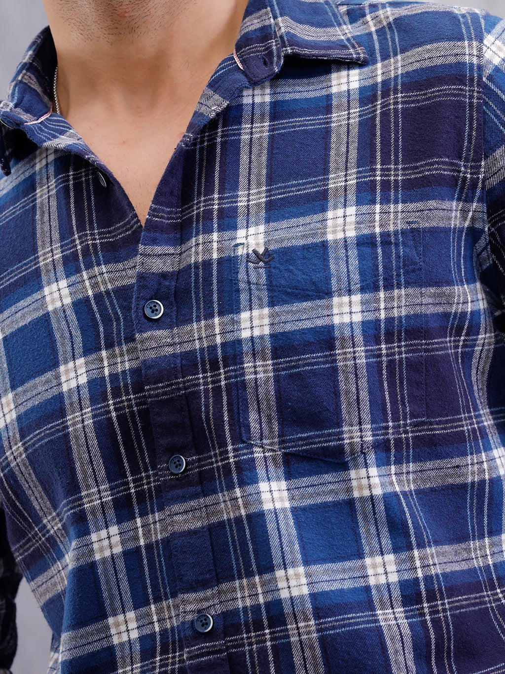 Brushed Flannel Check Shirt In Slim Fit  | Navy Blue
