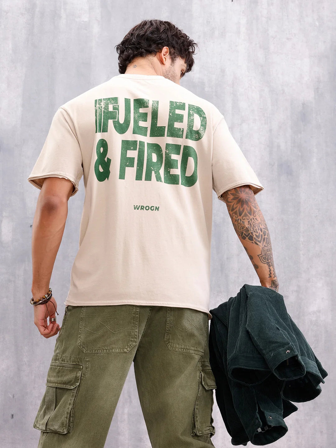 Retro Wash Graphic Printed Tshirt With Raw Edge Detail | Beige