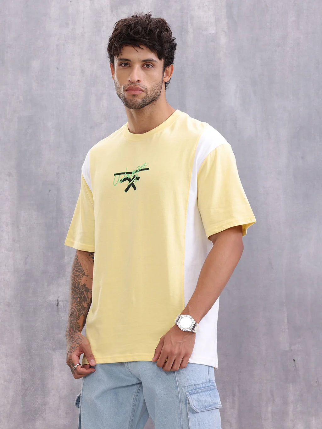 Retro Colourblock Oversized Fit T-shirt With Print | Yellow