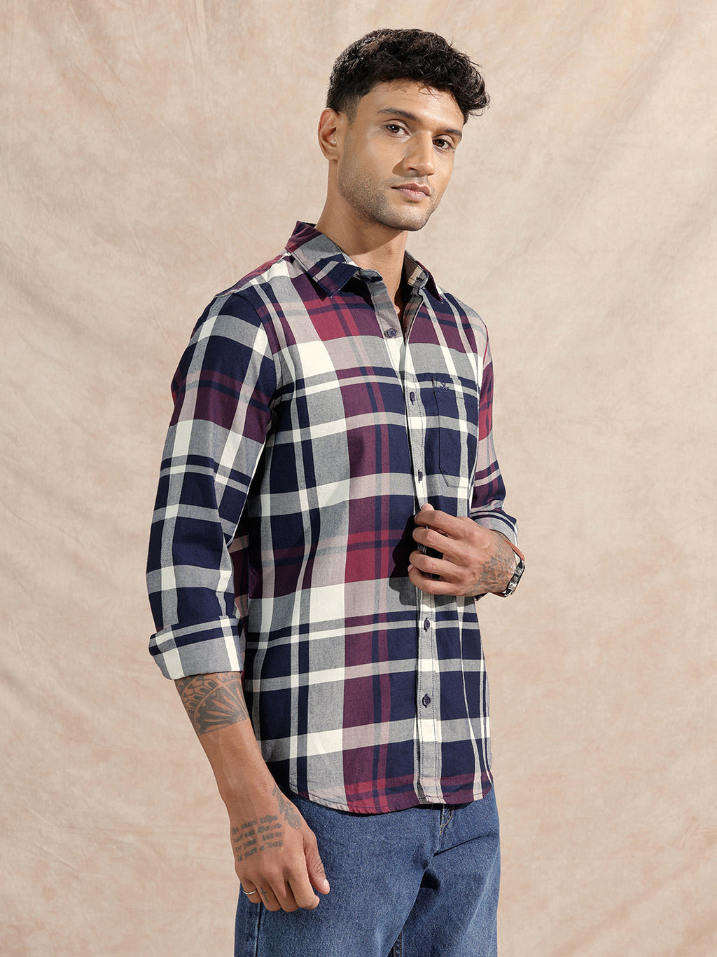 Checked Twill Slim Fit Shirt | Maroon