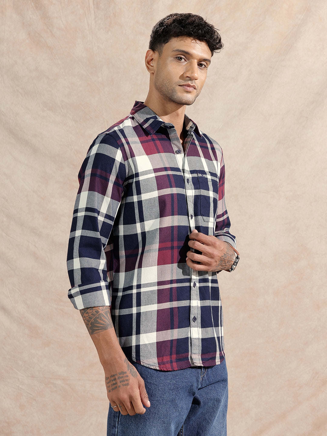 Checked Twill Slim Fit Shirt | Maroon