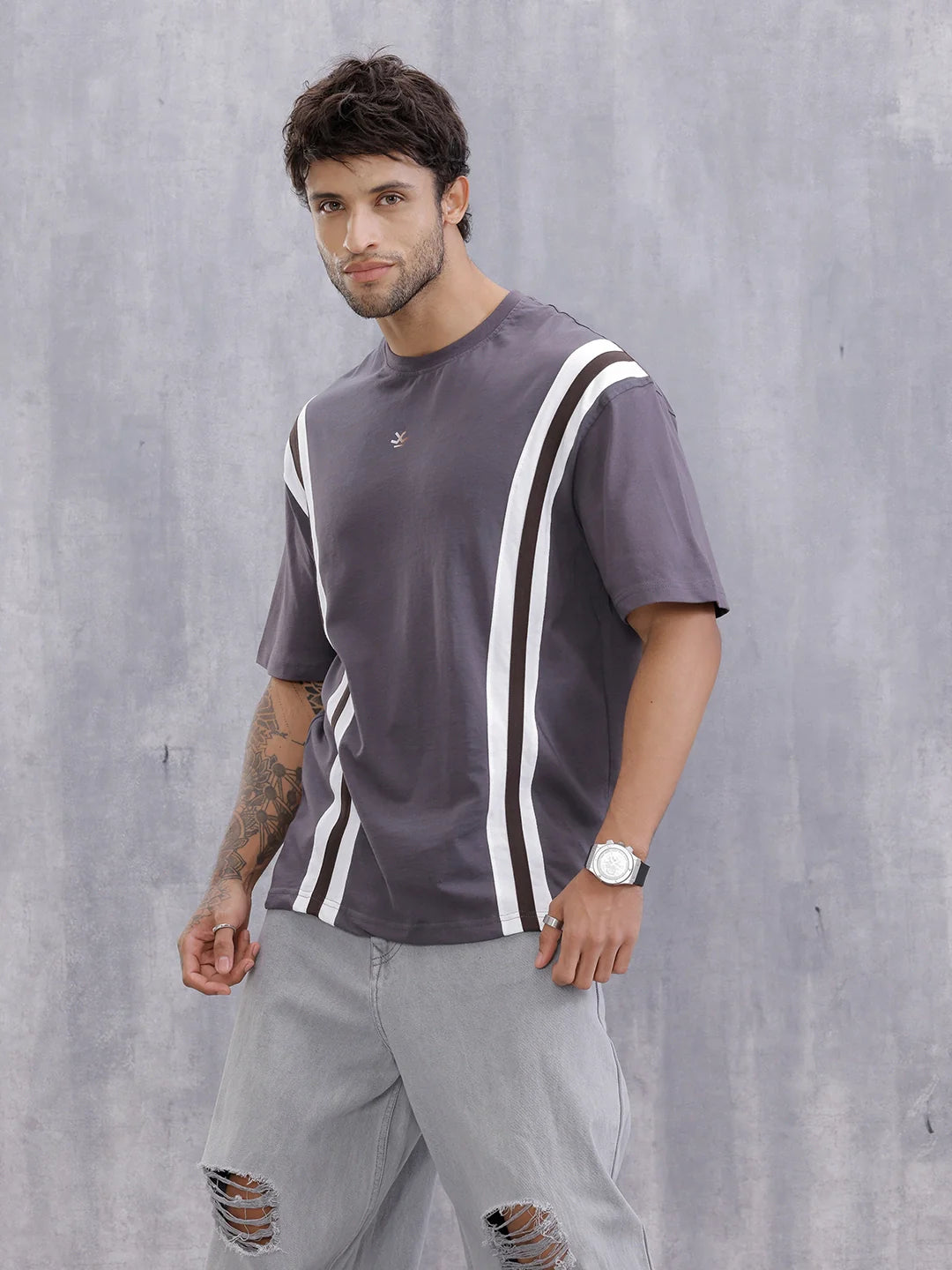 Contrast Cut&Sew Detail Sporty Look Oversized Fit T-shirt | Dark Grey