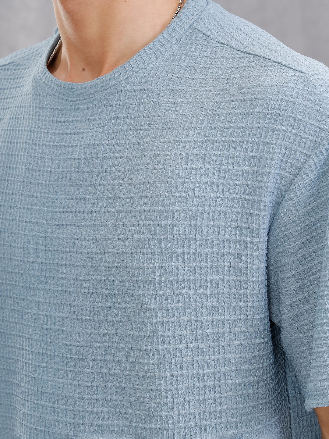 Oversized Jacquard Textured Crew Neck T-Shirt  |  Blue