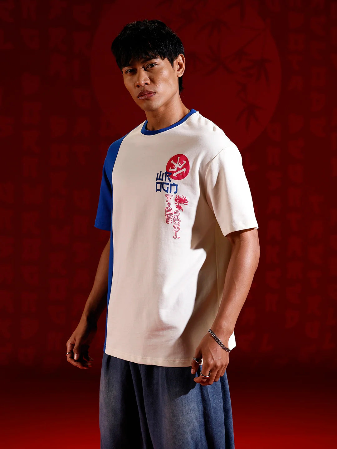 Japanese chest print color-block T-shirt | Off white