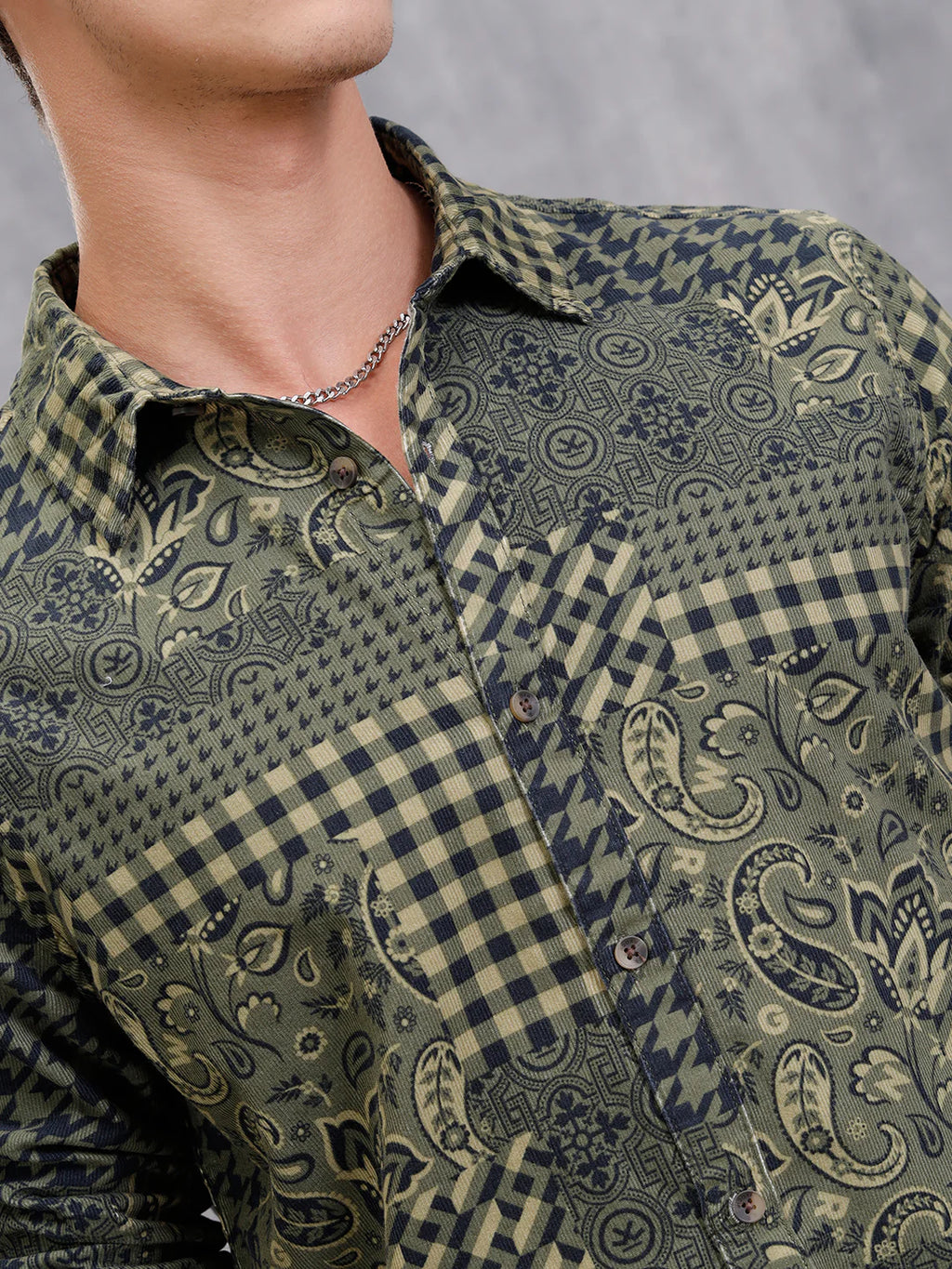 Corduroy Printed Shirt In Slim Fit | Olive