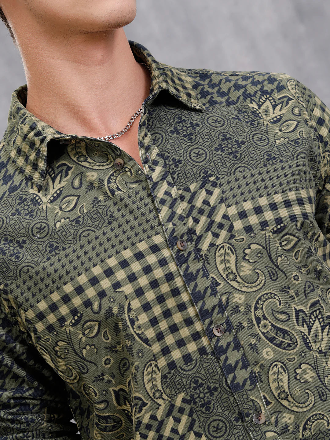 Corduroy Printed Shirt In Slim Fit | Olive