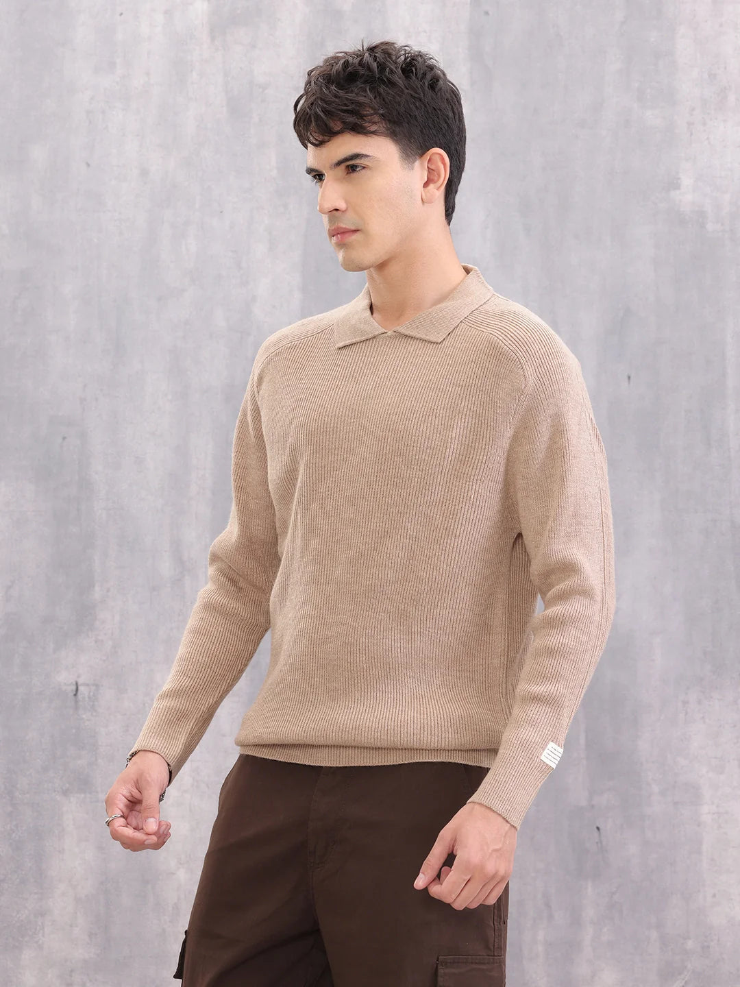 Comfort Fit Rib Sweater With Collar I Beige