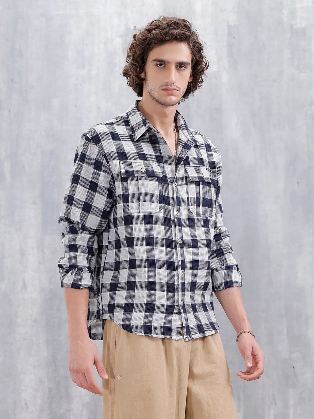 Checkered Pattern Double Pocket Comfort Fit Shirt | Navy Blue