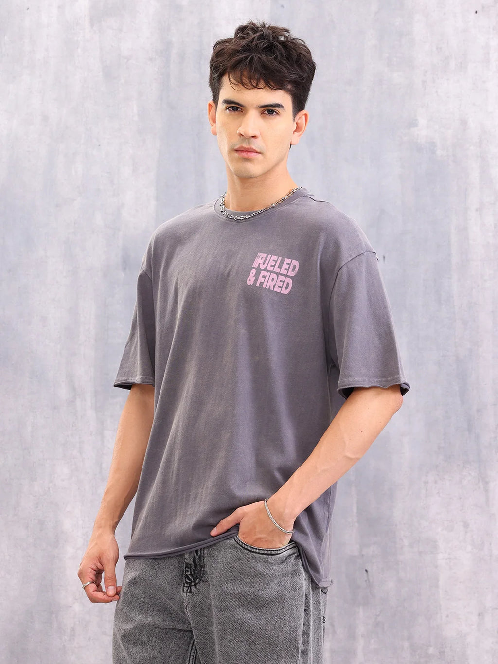 Retro Washed Oversized Fit Raw Edge T-shirt With Graphic | Grey