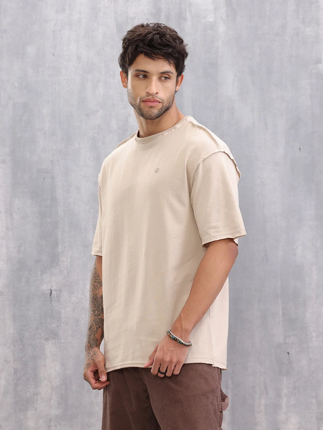 Raw Edge Oversized Fit T-shirt With Flat Lock Detail | Beige