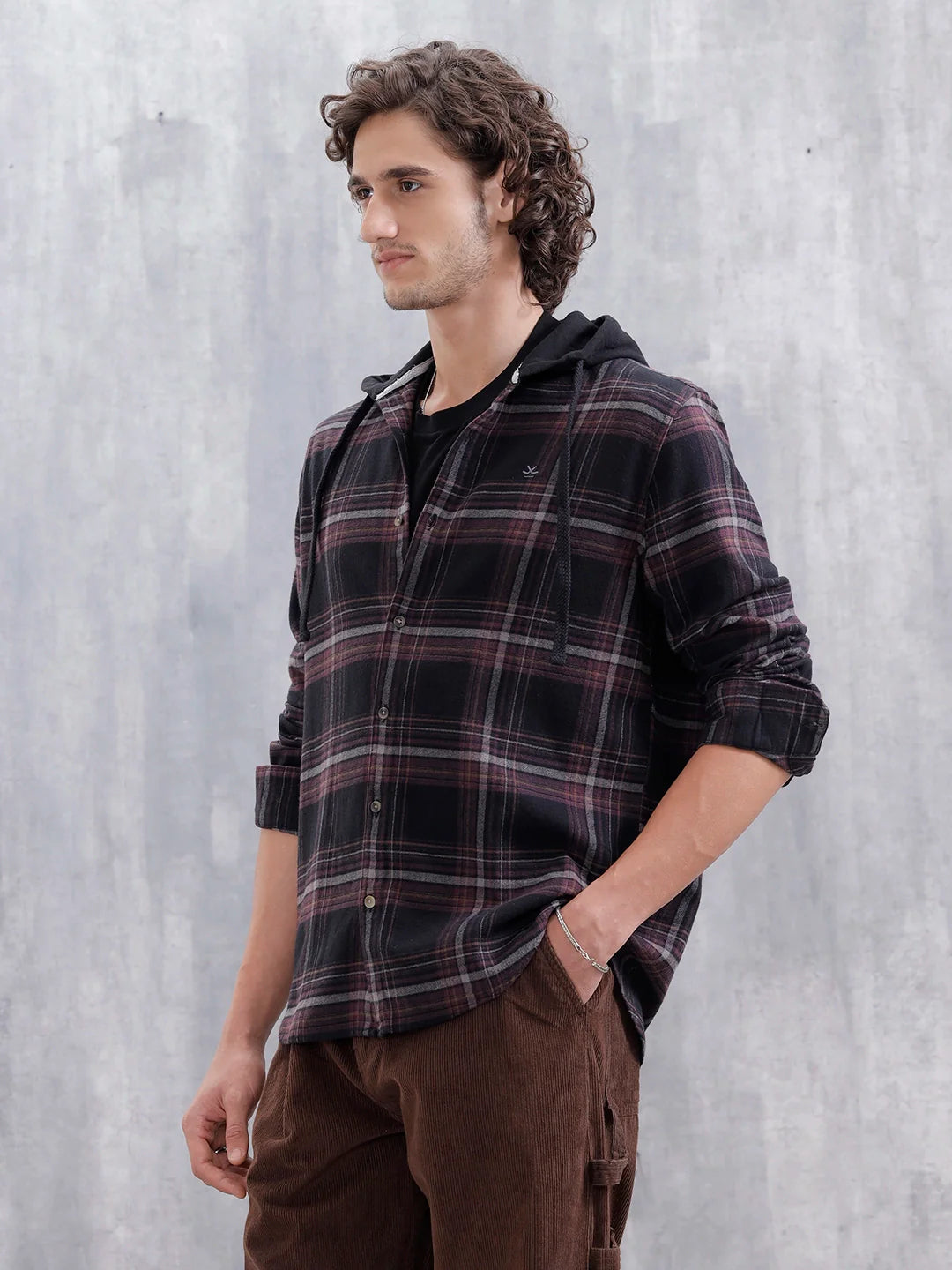 Brushed Flannel Hooded Slim Fit Check Shirt | Black