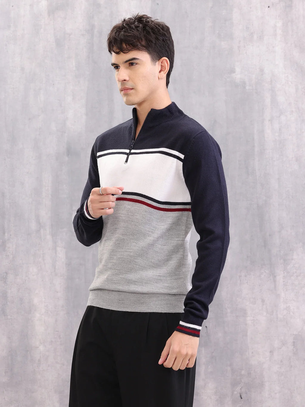 Colourblock Half Zipper Pullover Sweater | Navy Blue