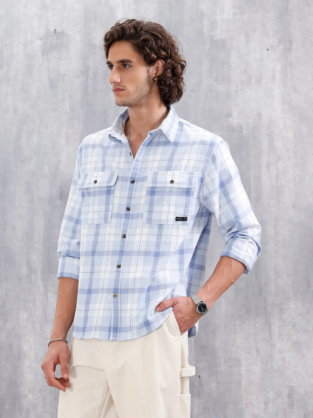 Comfort Fit Checkered Pattern Shirt With Double Pockets | Blue