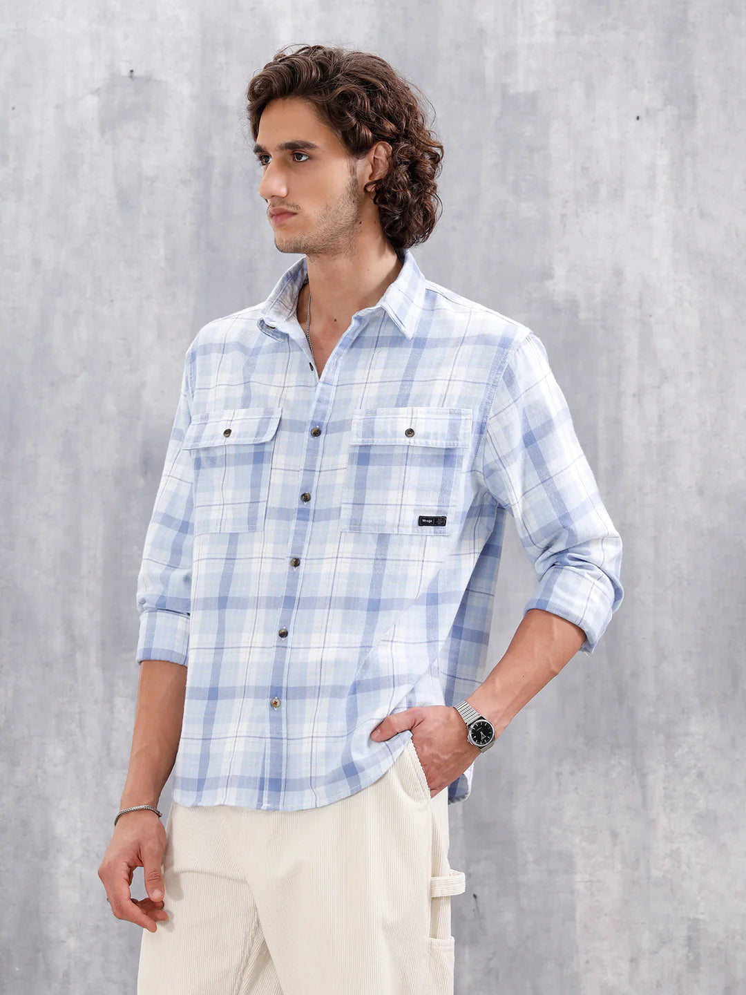 Comfort Fit Checkered Pattern Shirt With Double Pockets | Blue