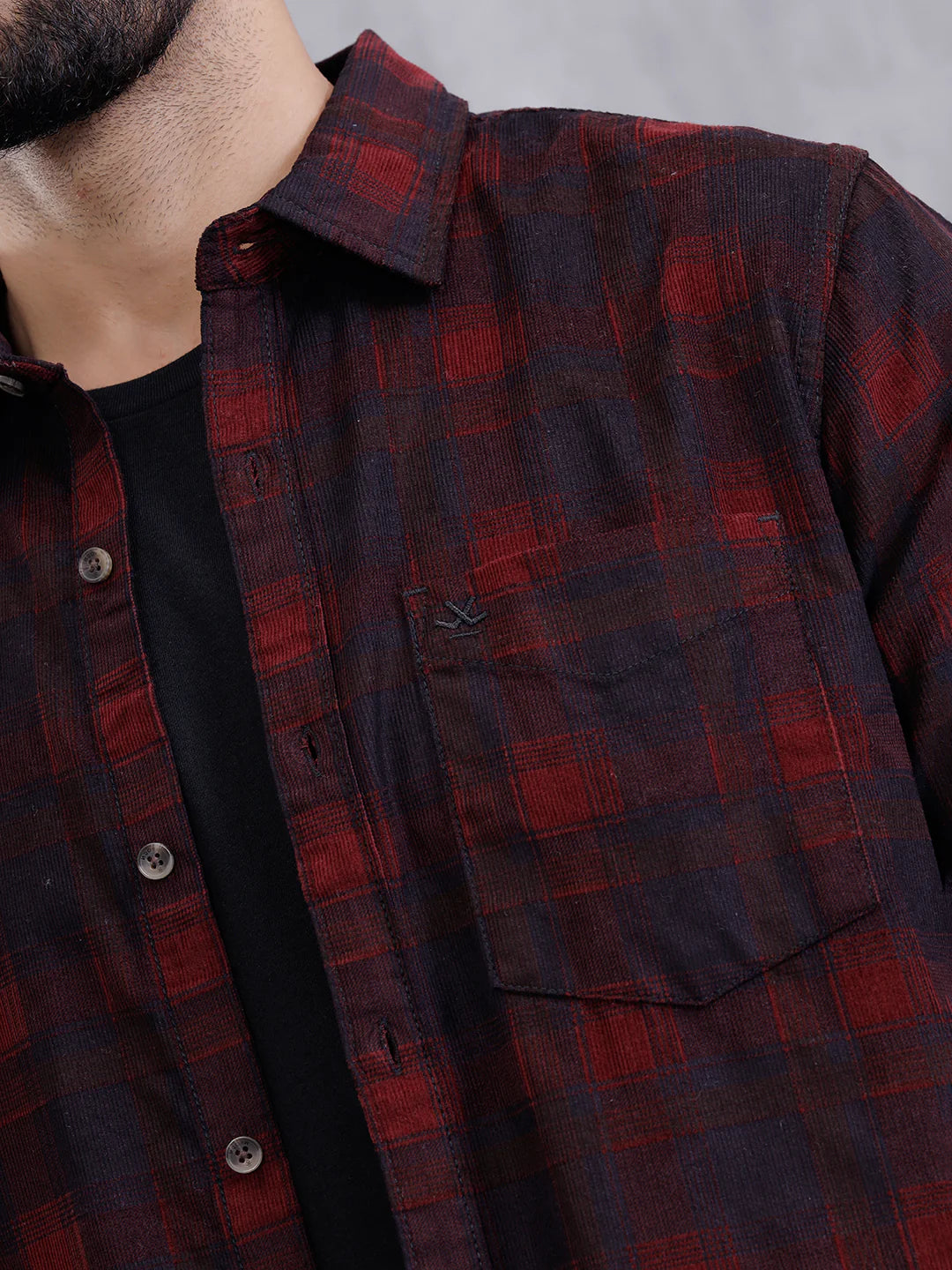 Corduroy Check Printed Shirt In Slim Fit | Maroon