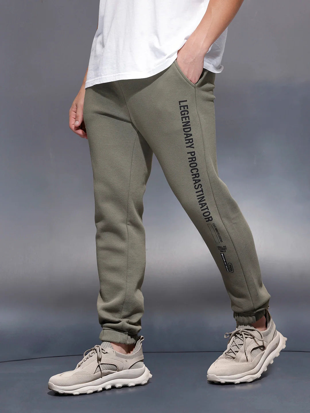 Men's casual slim fit jogger with typographic print design | Olive
