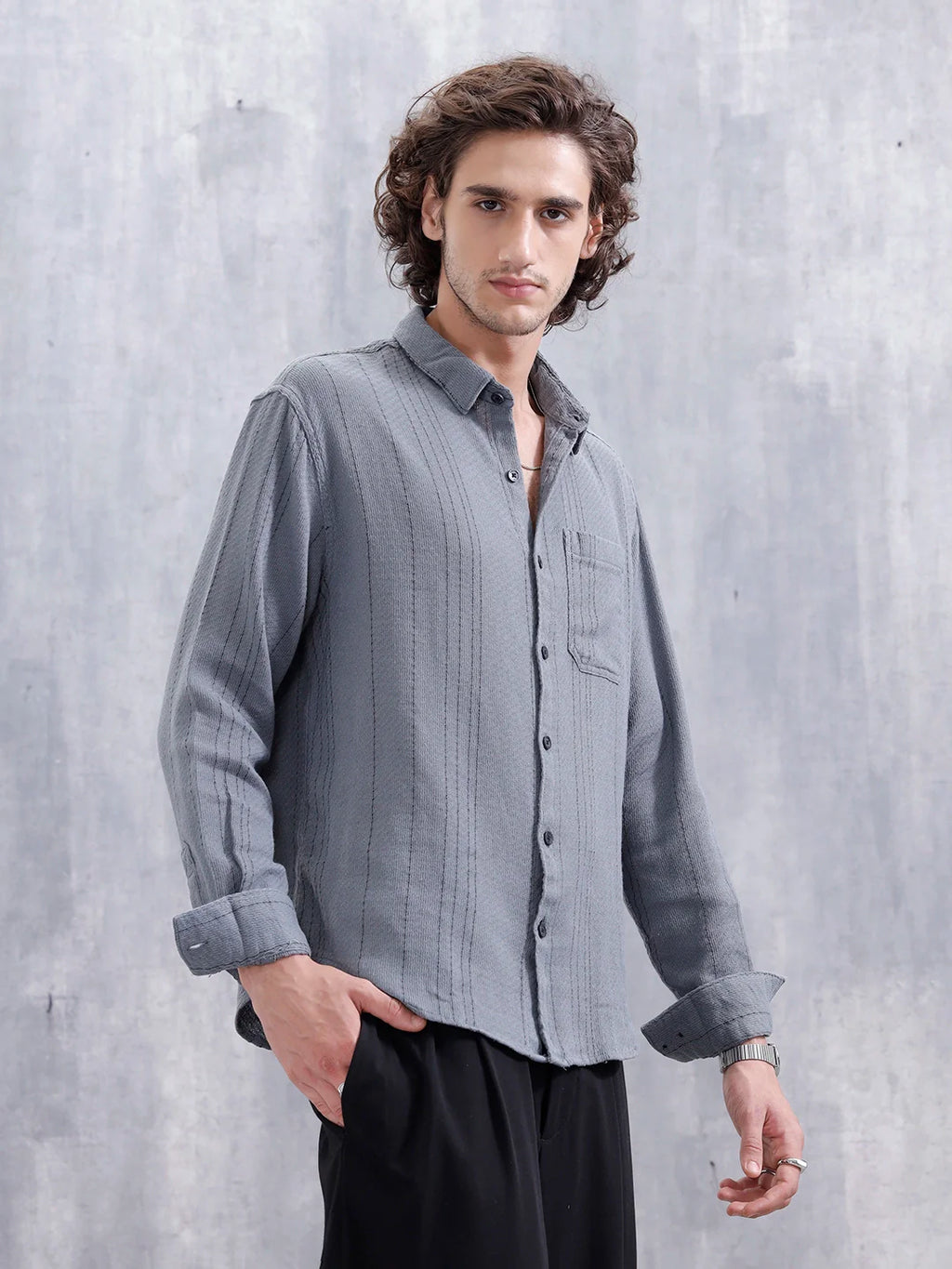 Comfort Fit Casual Shirt Featuring Striped Thread Detail | Blue