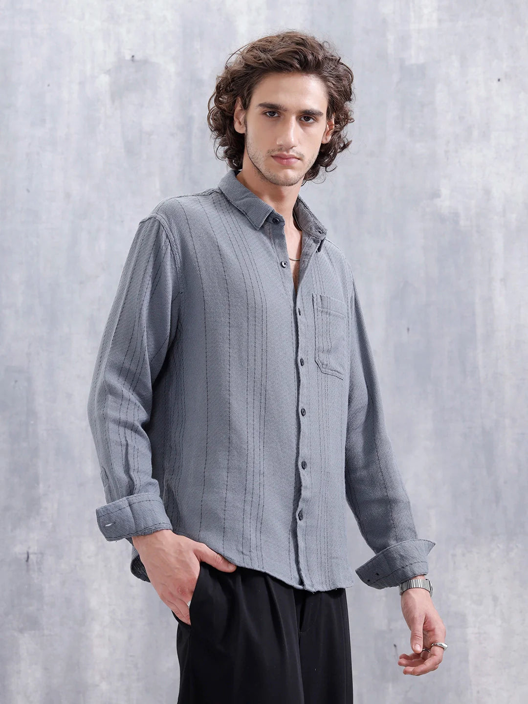Comfort Fit Casual Shirt Featuring Striped Thread Detail | Blue