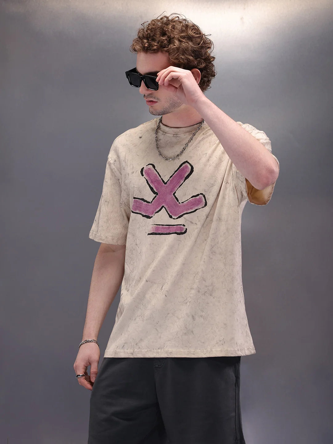 Oversized Washed Look Tee With Iconic Brand Placement Print| Beige