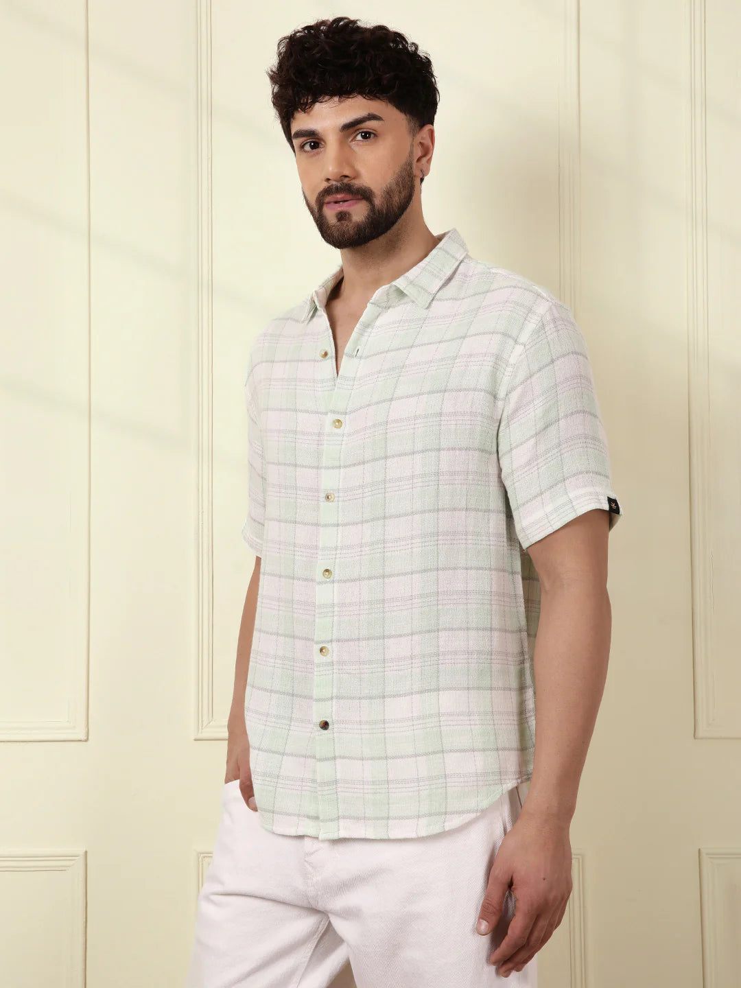 Checked Short Sleeve Textured Shirt | Light Green
