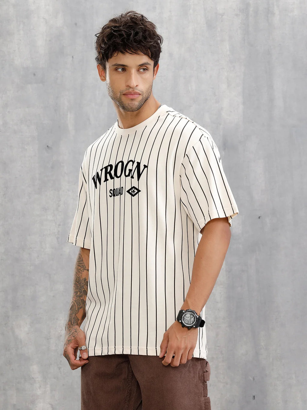 Striped Oversized Fit T-shirt With Flock Print | Beige