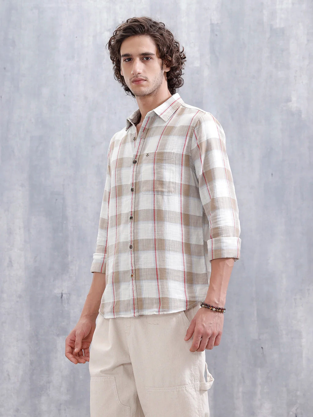 Cotton Twill Slub Checks Slim Fit Shirt | Beige