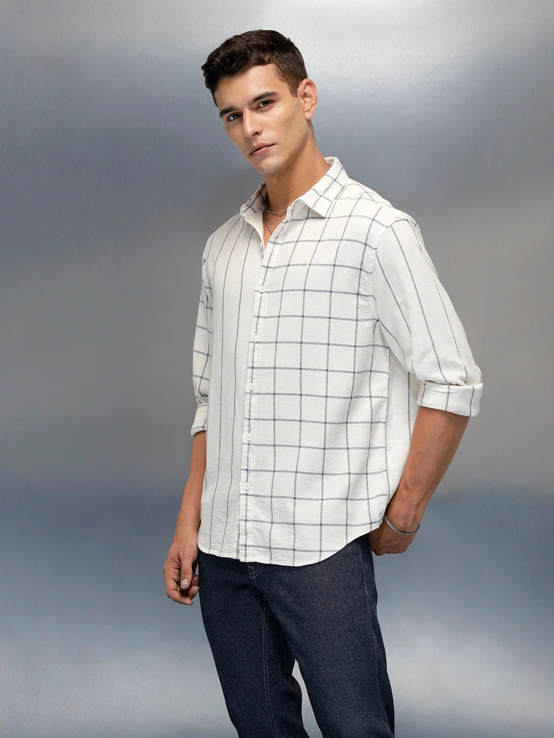 Asymmetrical Pattern Comfort Fit Men's Casual Shirt | White