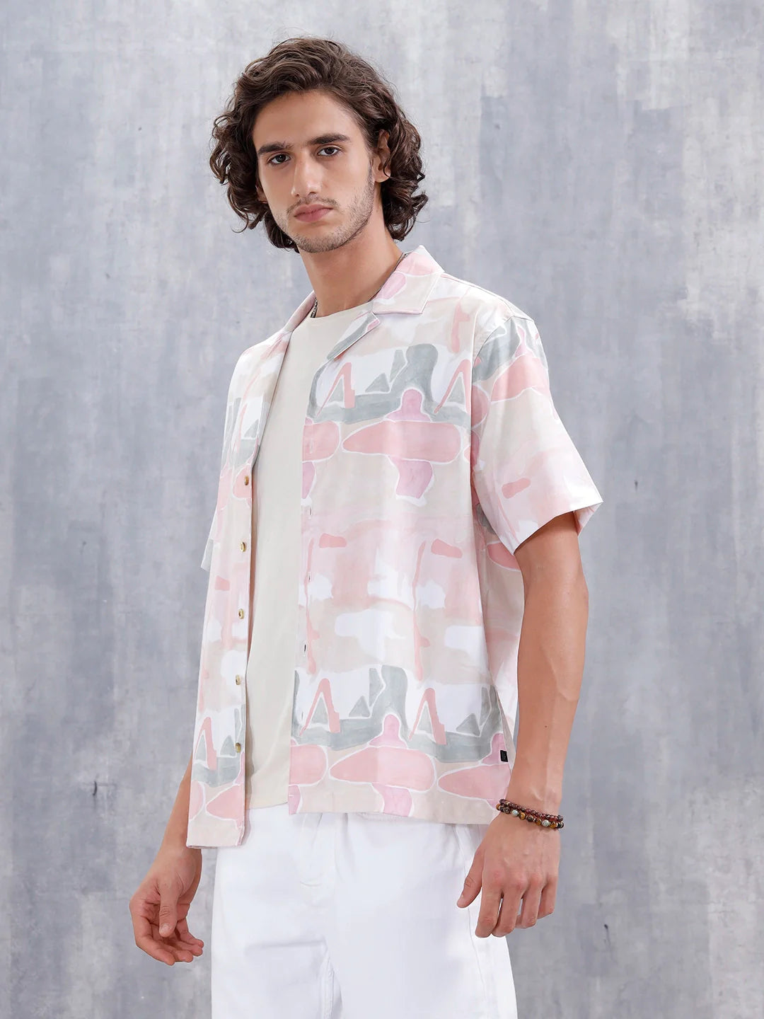 Abstract Aop Printed Comfort Fit Resort Collar Shirt | Pink