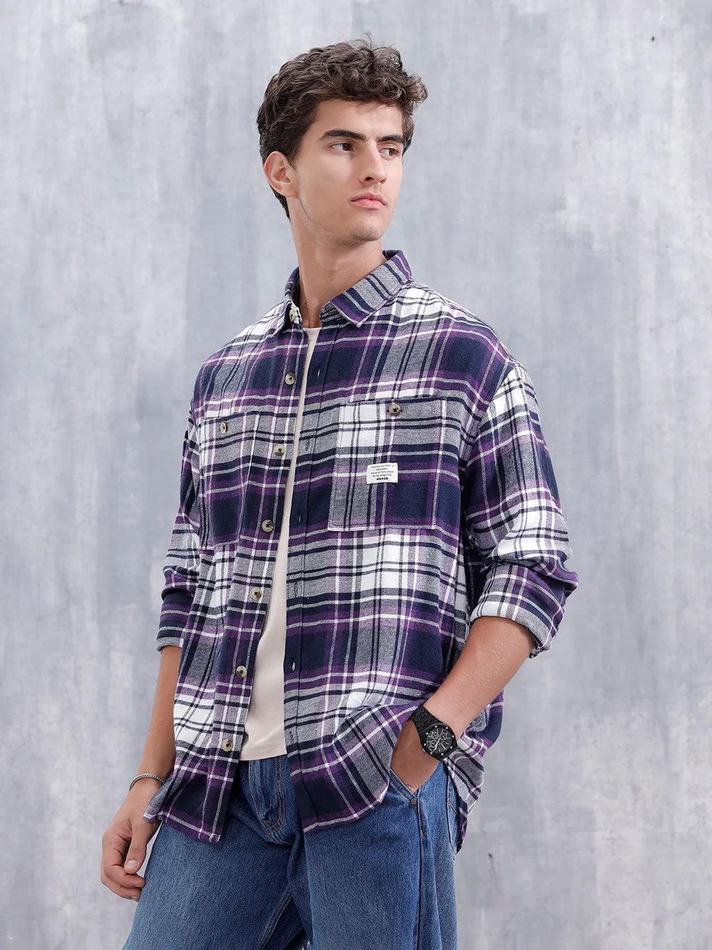 Checkered Pattern Double Pocket Shirt For Men | Purple
