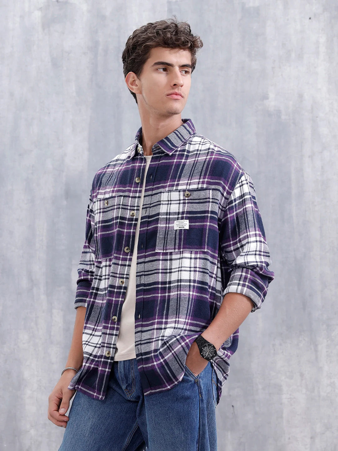 Checkered Pattern Double Pocket Shirt For Men | Purple