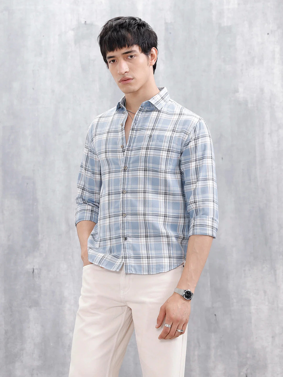 Comfort Fit Checkered Pattern Casual Shirt | Blue