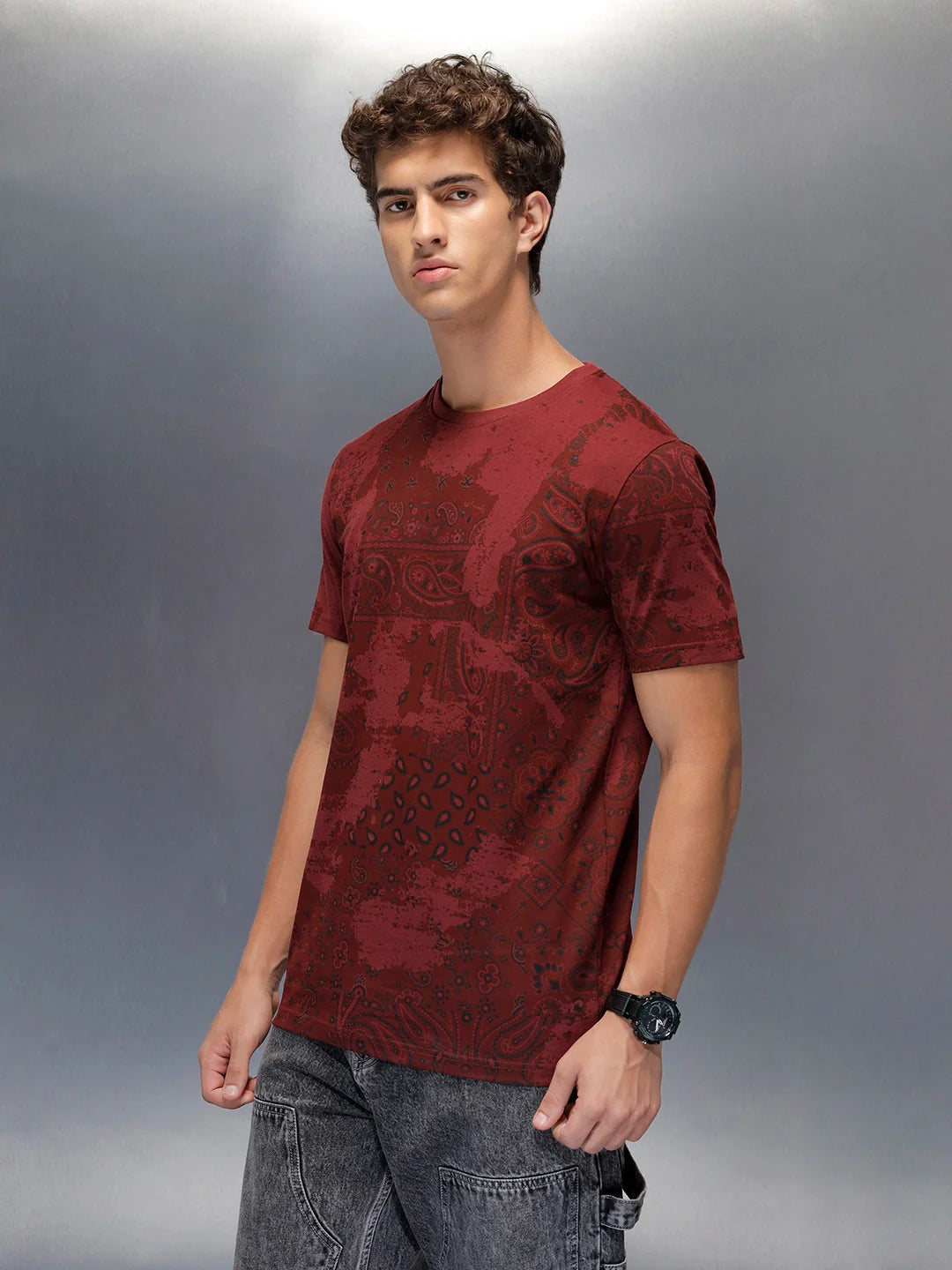 Men's slim fit Casual Tshirt with Paisley AOP  | Maroon