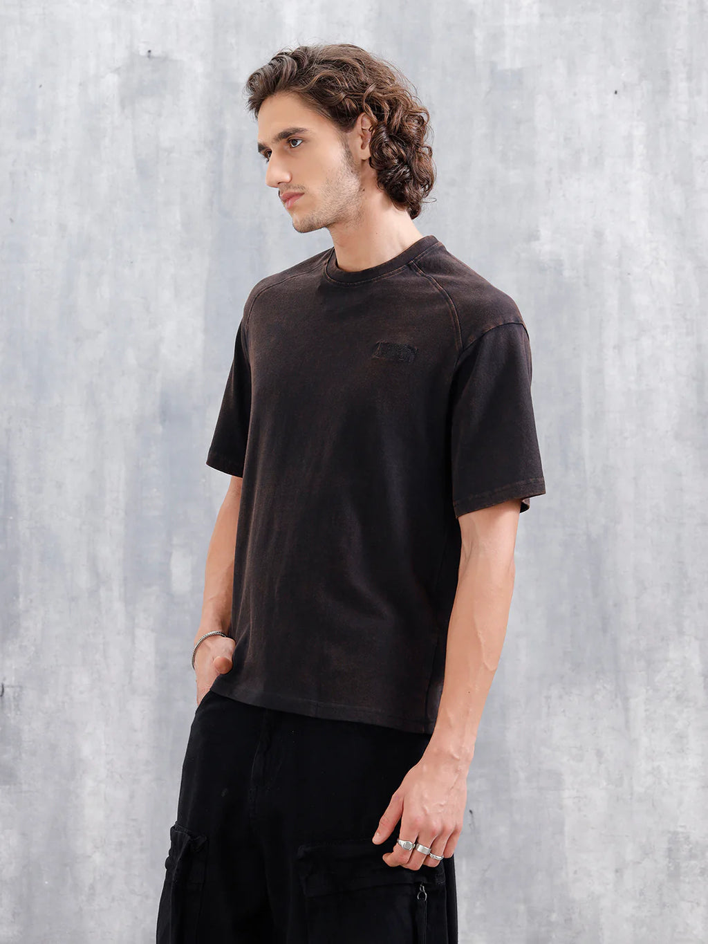 Washed Oversized Crew Neck T-shirt With Embroidery | Black