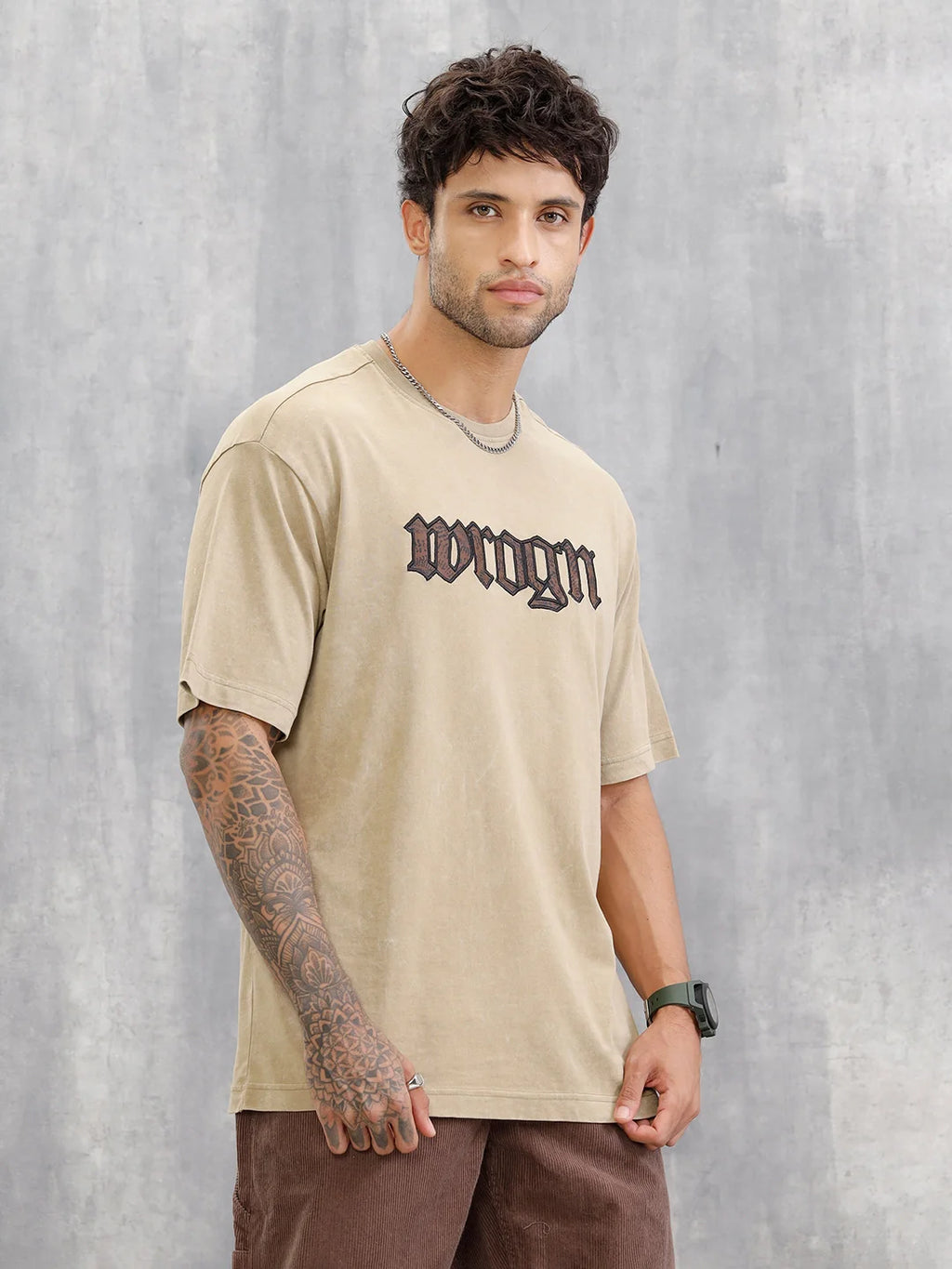 Acid Wash Oversized Fit T-shirt With Embroidery | Khaki