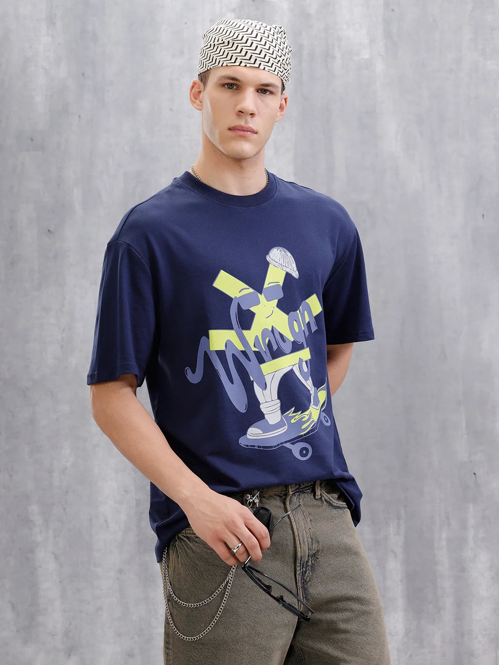 Skater Logo Printed Oversized Fit T-Shirt  | Navy Blue