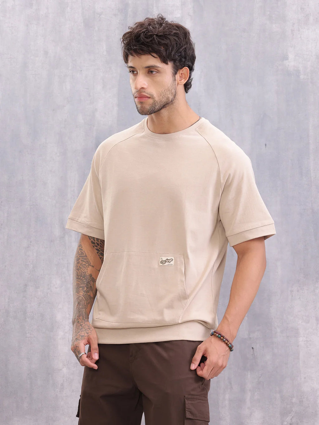 Raglan Sleeve Oversized Fit T-shirt With Rib And Patch Pocket | Beige
