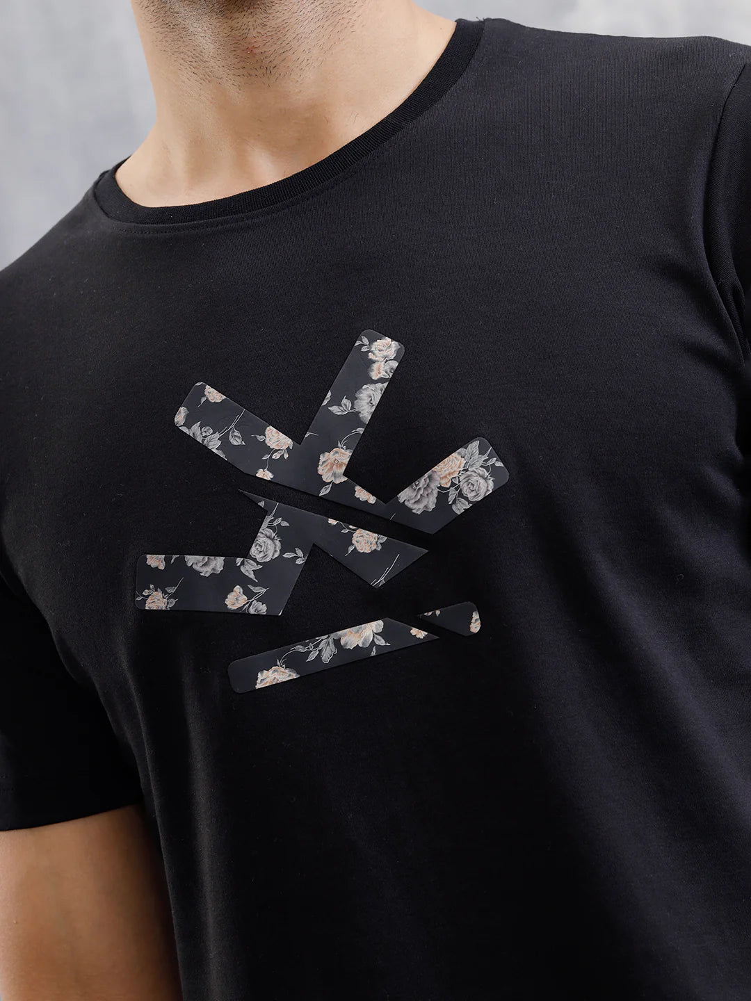 Premium Interlock Base With Dark Floral Logo Brand Carrier Crew Neck T-Shirt | Black