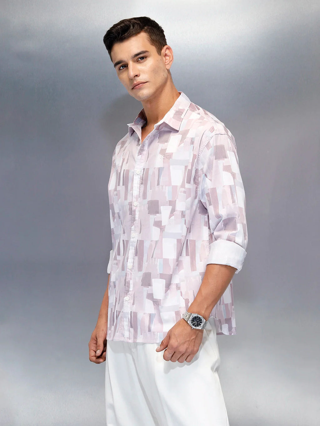 Abstract Aop Printed Oversized Fit Men's Casual Shirt | Pink