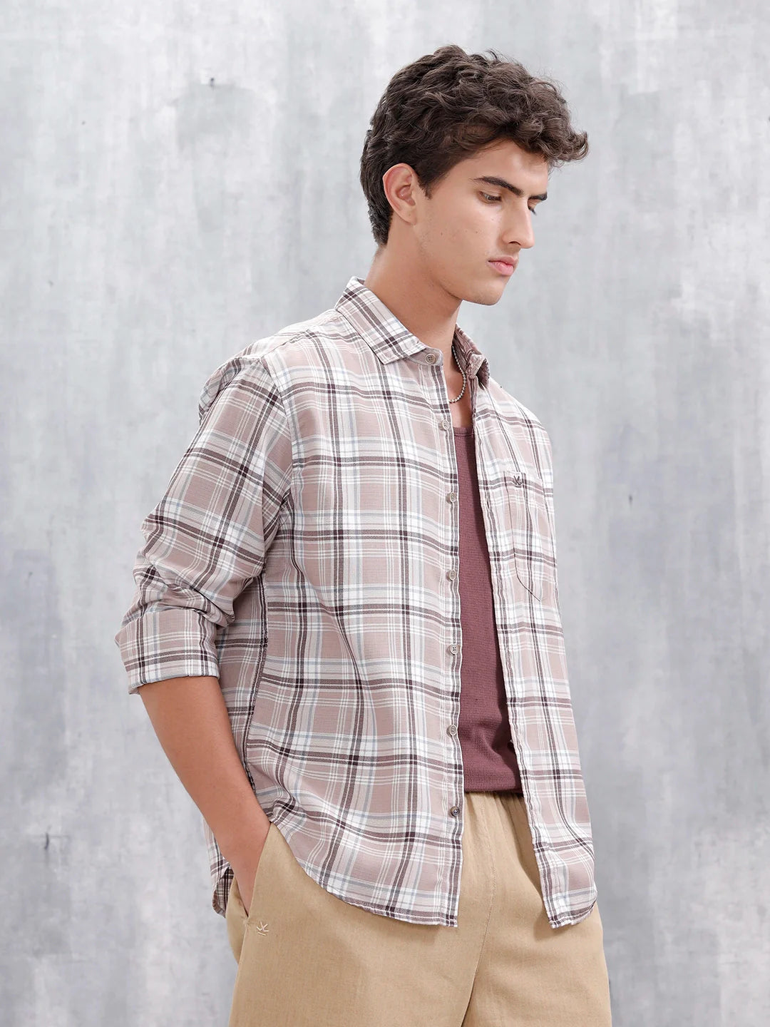 Comfort Fit Checkered Casual Shirt For Men | Peach