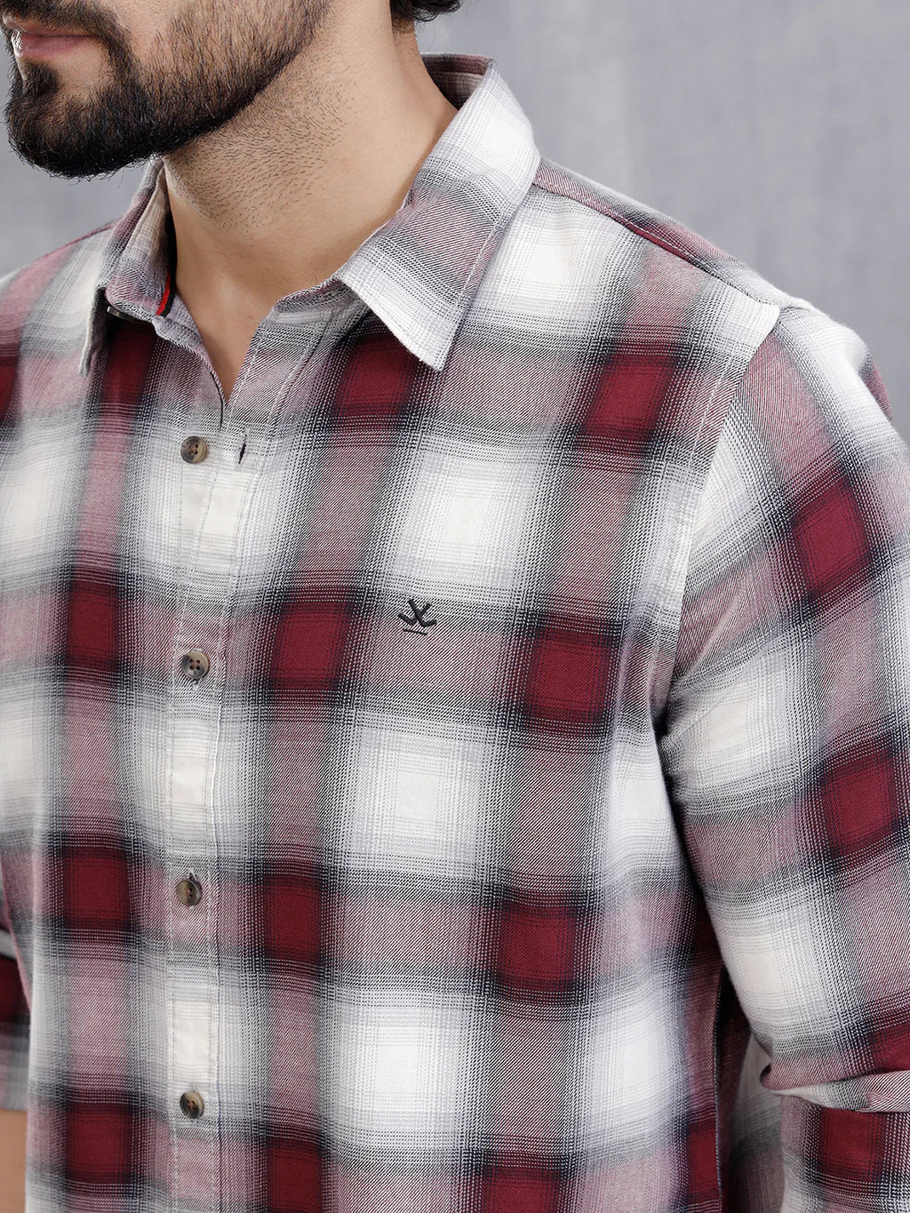 Cotton Twill Shadow Check Shirt In Slim Fit | Wine