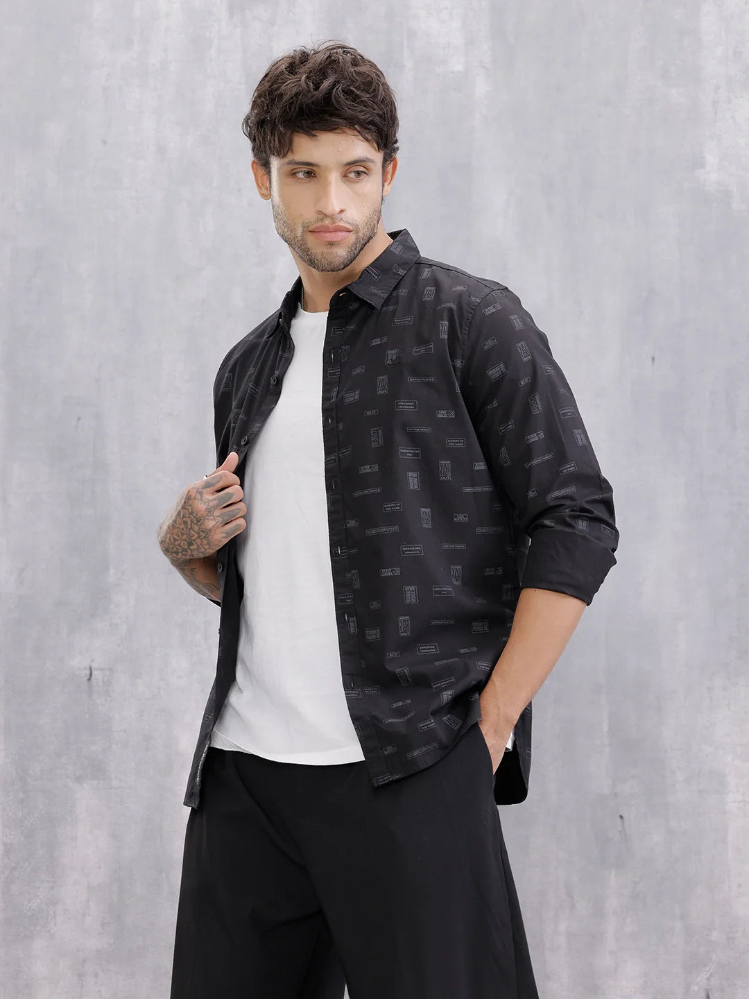 100% Cotton Aop Printed Casual Regualr Fit Shirt | Black