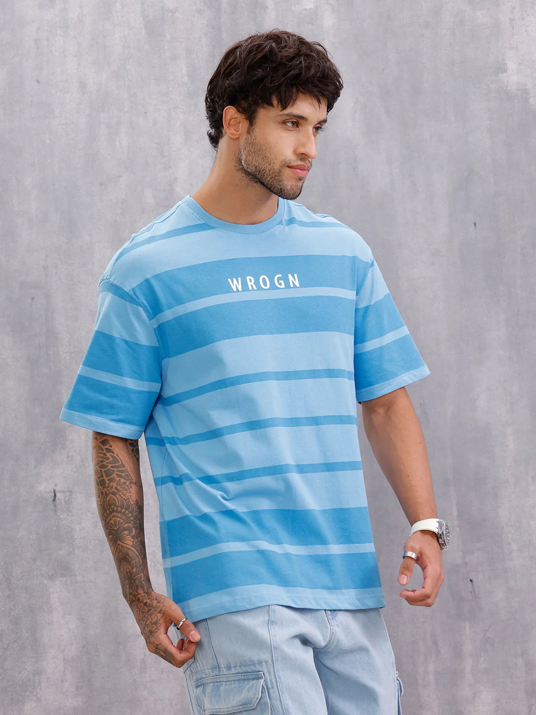 Tonal Printed All Over Striper Tee I Blue
