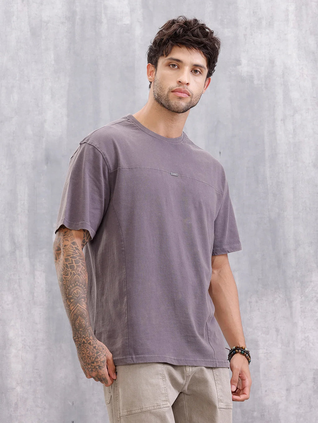 Distressed Grunge Look Oversized Fit T-shirt With Metal Branding | Dark Grey