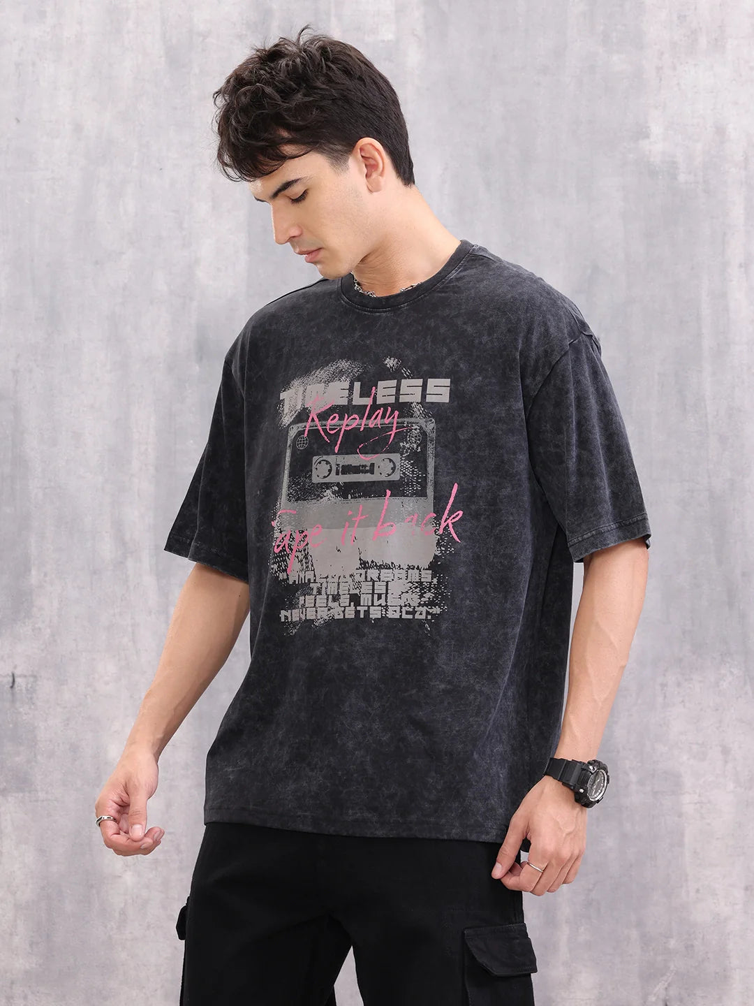 Acid Wash Graphic Printed Oversized Fit T-Shirt | Black