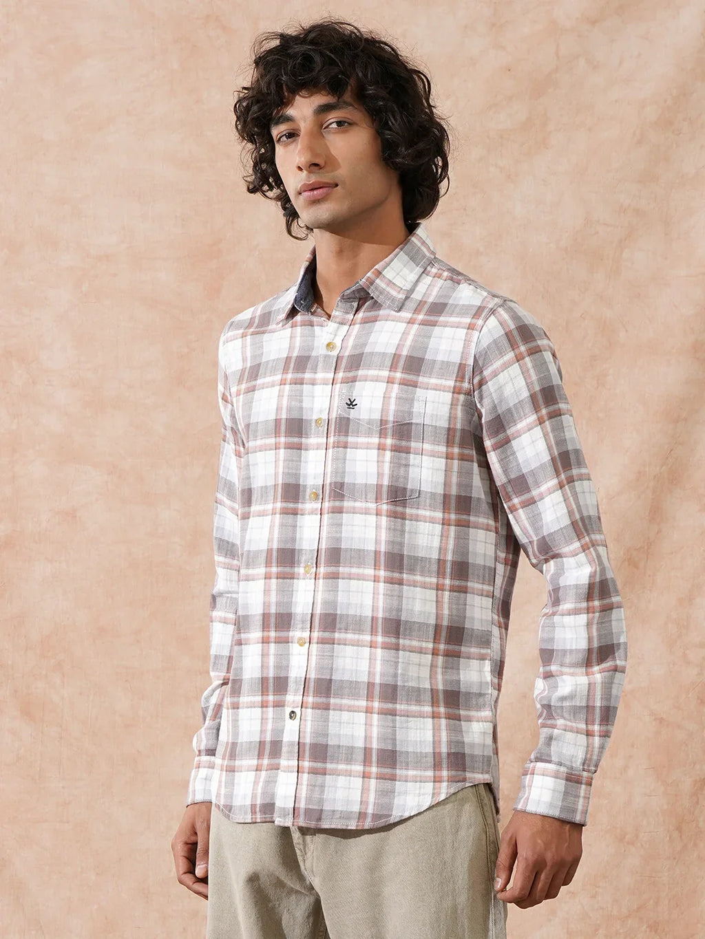 Checked Cotton Slub Shirt | Orange