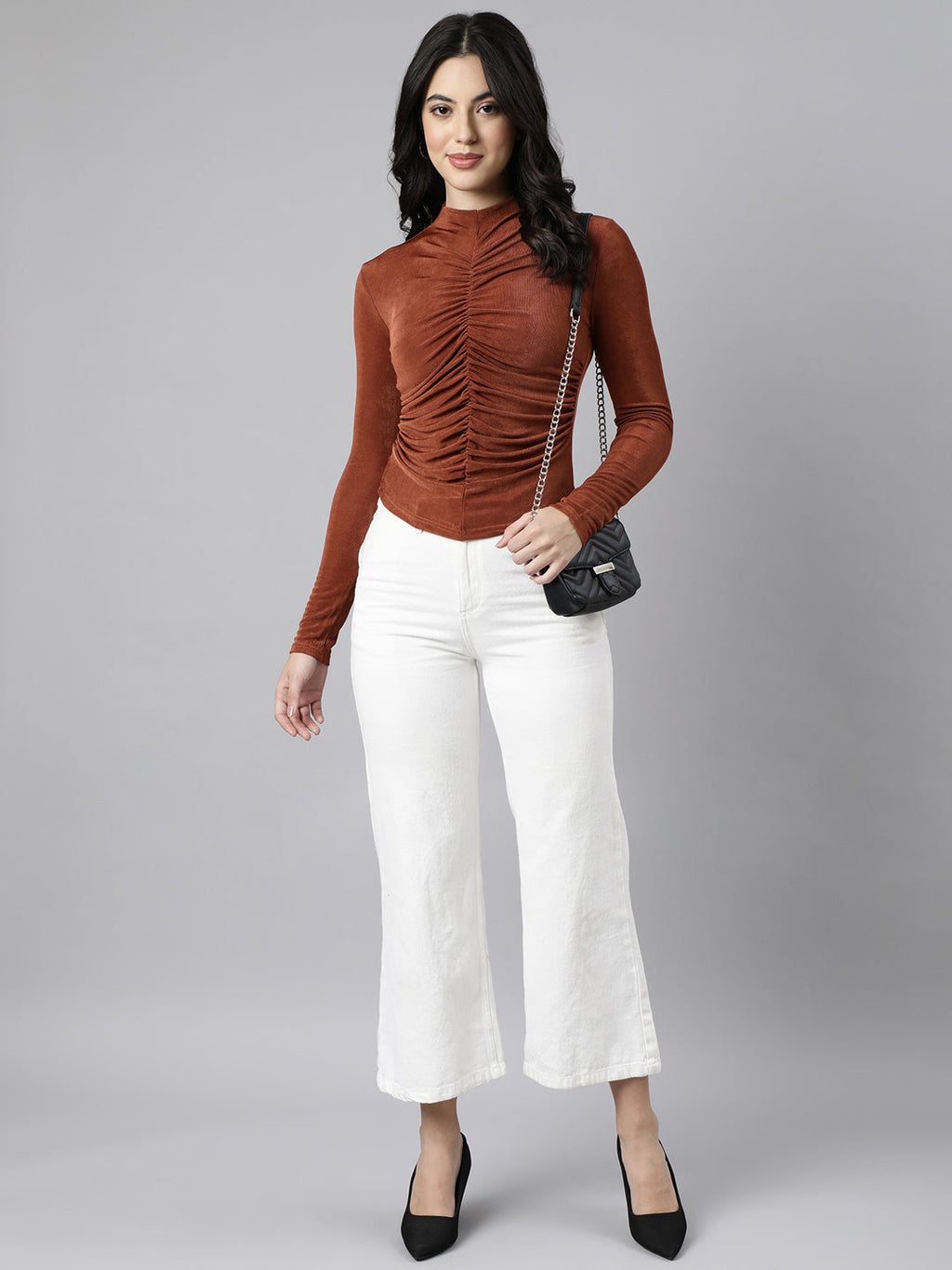 Women's Rust Ruched High Neck Fitted Top