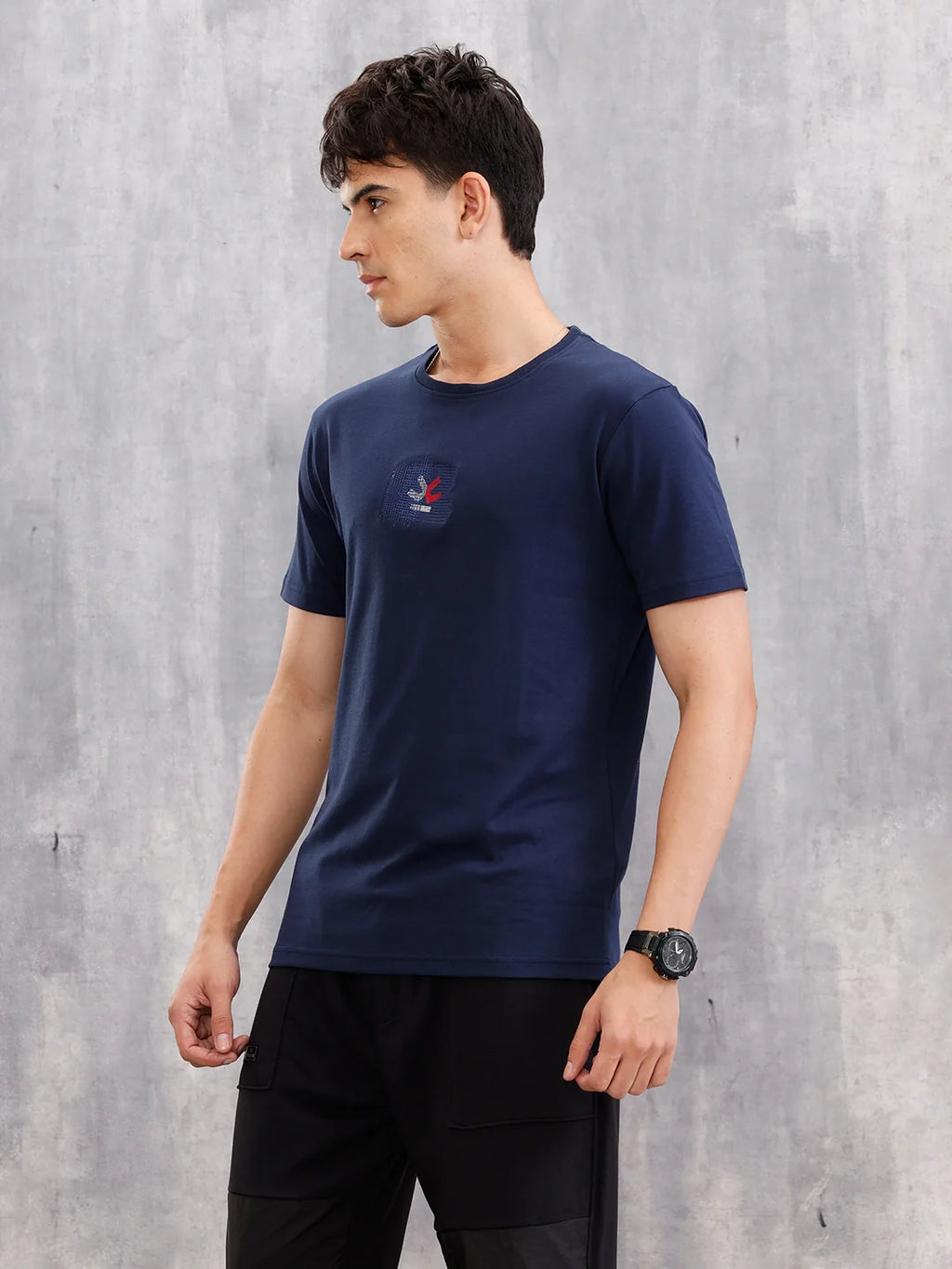 Gold Finish Interlock Tee With Embroidery On Chest   | Navy Blue