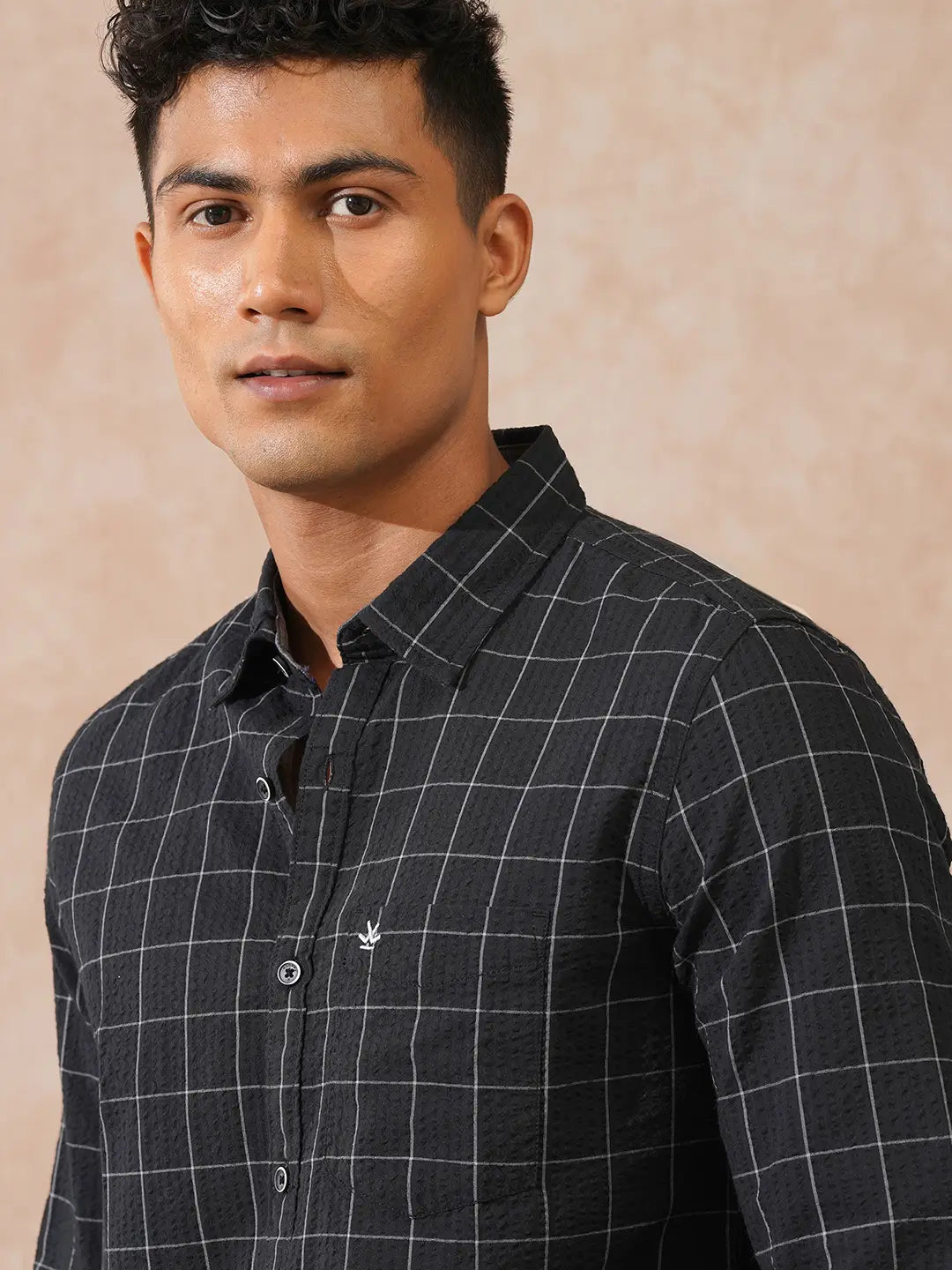Checked Seersucker Slim Fit Shirt | Black