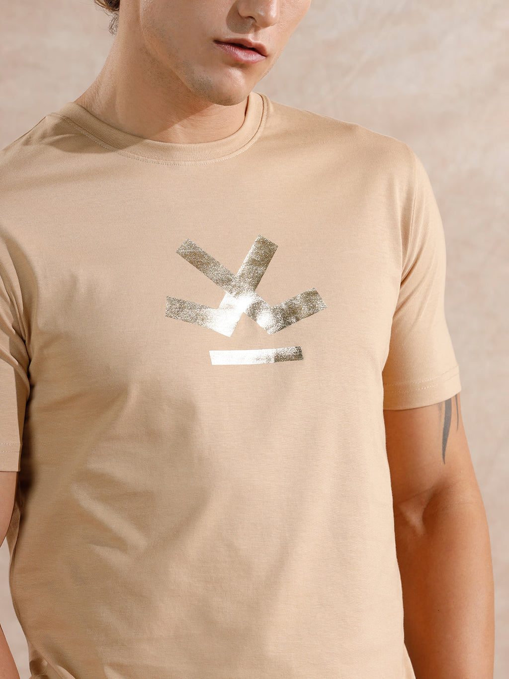 Gold Foil Print Slim Fit T-Shirt | Beige