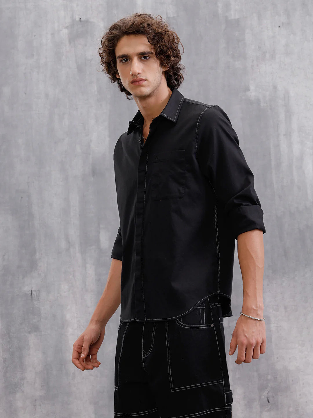 Contrast Stitch Royal Oxford Solid Shirt | Black
